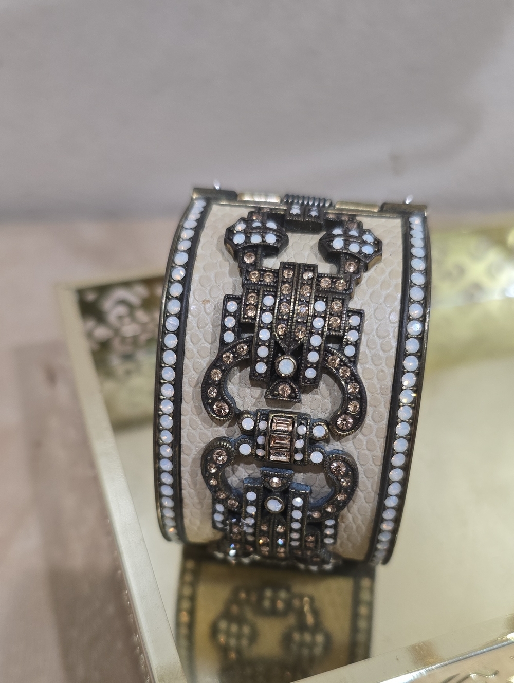Heidi Daus Ivory Faux Leather Snakeskin Swarovski Crystals Hinged Cuff Bracelet